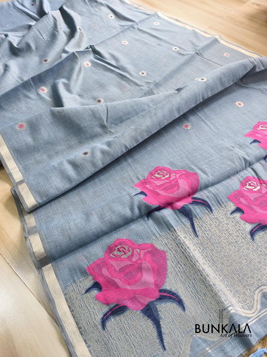 Grey Big Rose Pallu Weaved Banarasi Cotton Saree