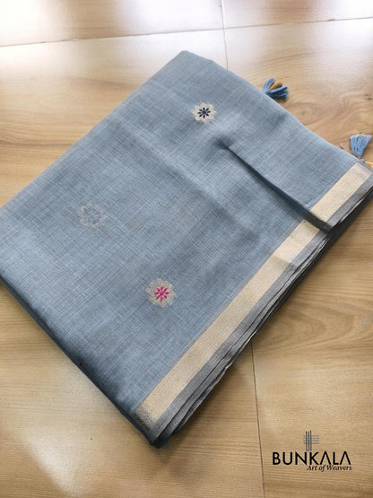 Grey Big Rose Pallu Weaved Banarasi Cotton Saree