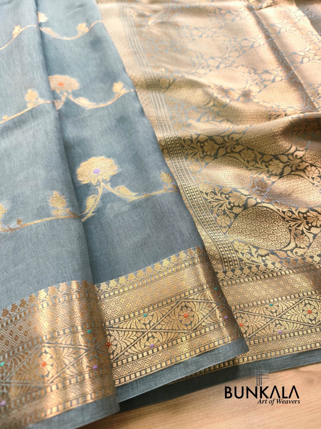 Grey Meena Leheriya Pure Banarasi Mango Silk Saree 