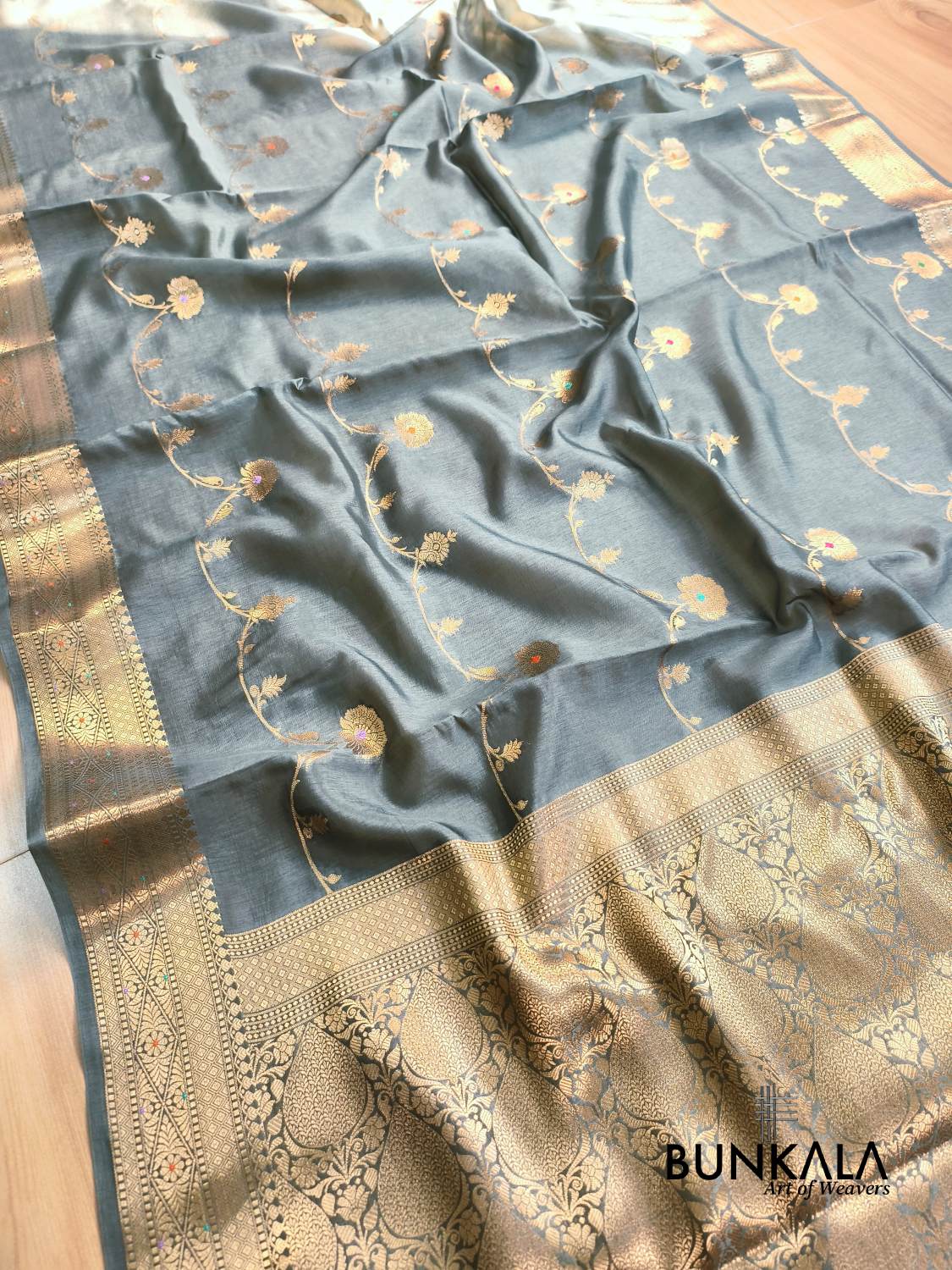 Grey Meena Leheriya Pure Banarasi Mango Silk Saree 