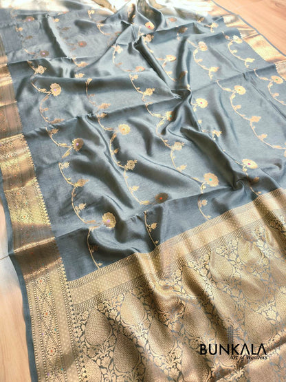 Grey Meena Leheriya Pure Banarasi Mango Silk Saree 