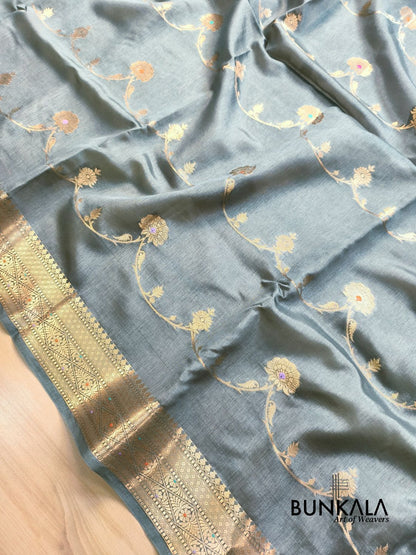 Grey Meena Leheriya Pure Banarasi Mango Silk Saree 