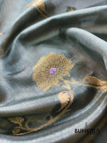 Grey Meena Leheriya Pure Banarasi Mango Silk Saree 
