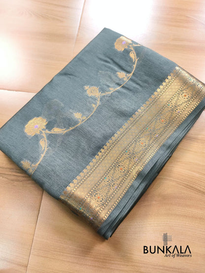 Grey Meena Leheriya Pure Banarasi Mango Silk Saree 