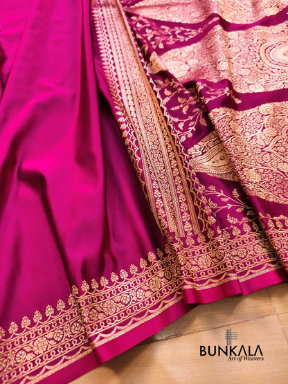 Hot Pink Plain Banarasi Mashru Soft Silk Saree with Paisley Pallu 