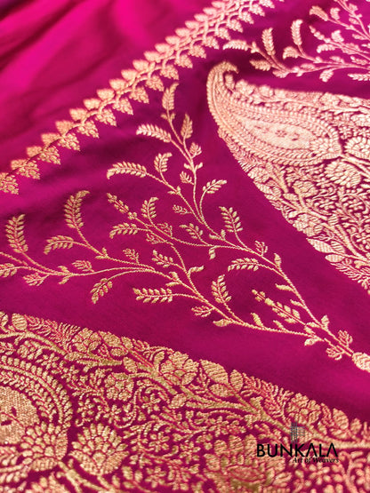 Hot Pink Plain Banarasi Mashru Soft Silk Saree with Paisley Pallu 