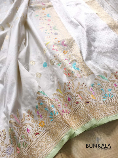 Ivory Meenakari Kadwa Buti Handweaved Banarasi Pure Katan Silk Saree