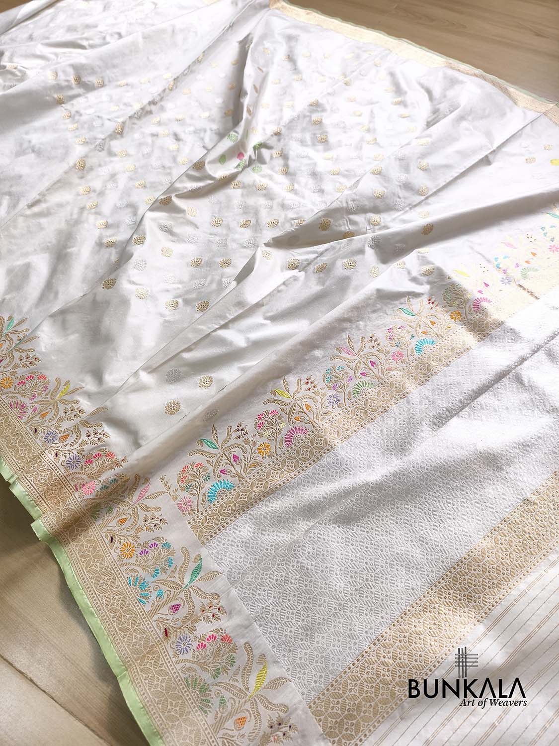 Ivory Meenakari Kadwa Buti Handweaved Banarasi Pure Katan Silk Saree