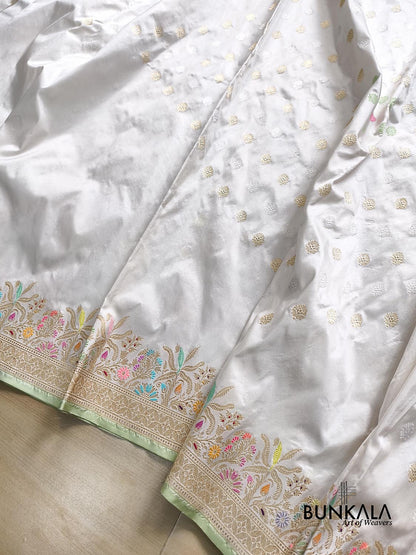 Ivory Meenakari Kadwa Buti Handweaved Banarasi Pure Katan Silk Saree