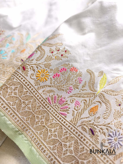 Ivory Meenakari Kadwa Buti Handweaved Banarasi Pure Katan Silk Saree