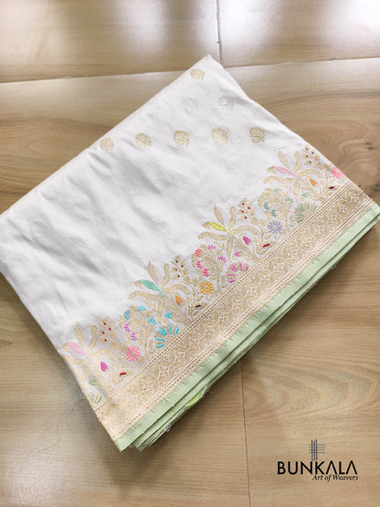 Ivory Meenakari Kadwa Buti Handweaved Banarasi Pure Katan Silk Saree