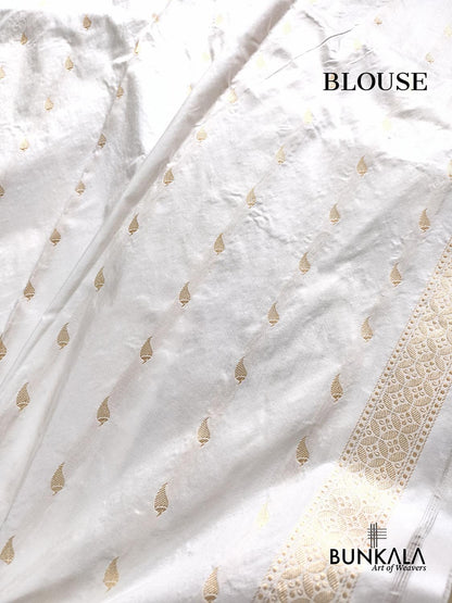 Ivory Meenakari Kadwa Buti Handweaved Banarasi Pure Katan Silk Saree