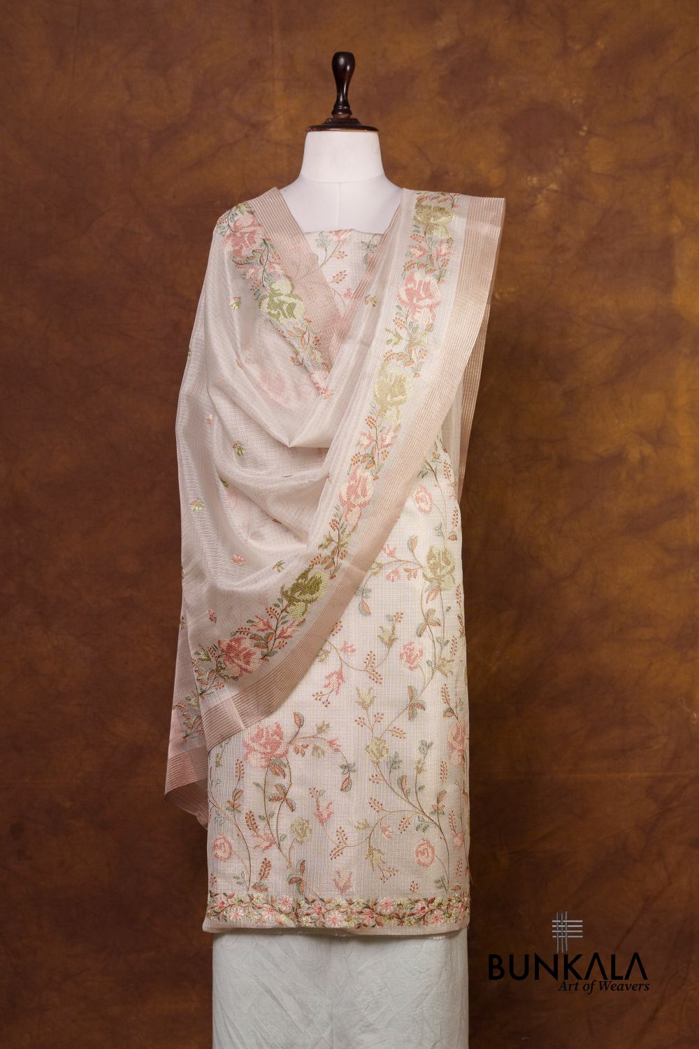 Ivory Multicolour Floral Banarasi Embroidered Kota Silk Unstitchedd Suit Set 