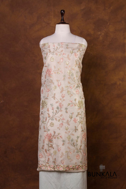 Ivory Multicolour Floral Banarasi Embroidered Kota Silk Unstitchedd Suit Set 