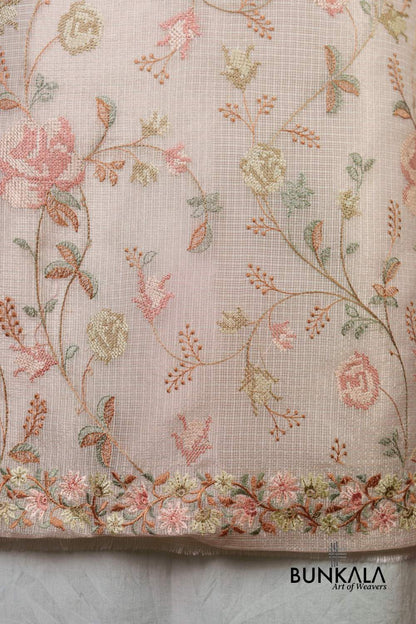 Ivory Multicolour Floral Banarasi Embroidered Kota Silk Unstitchedd Suit Set 
