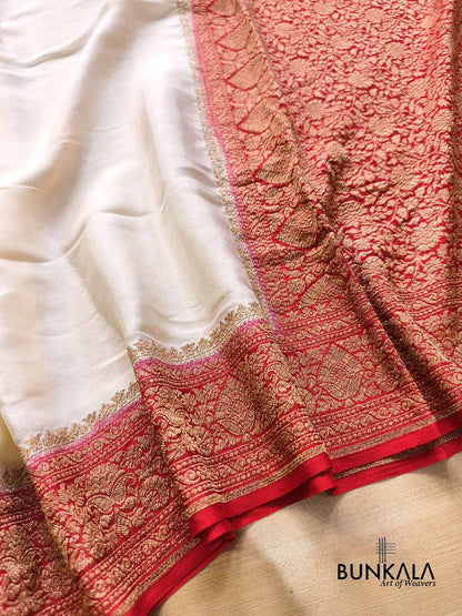 Ivory with Red Contrast Plain Banarasi Georgette Saree