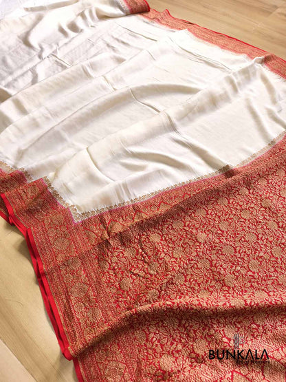 Ivory with Red Contrast Plain Banarasi Georgette Saree
