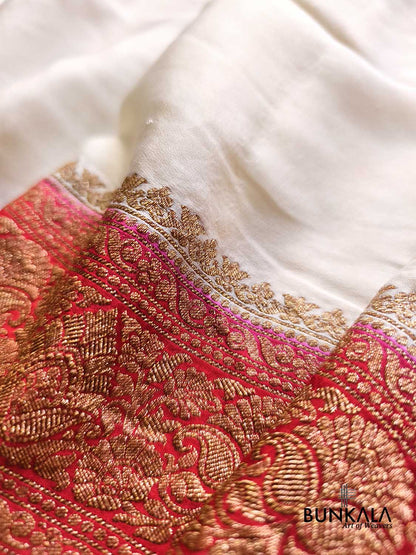 Ivory with Red Contrast Plain Banarasi Georgette Saree