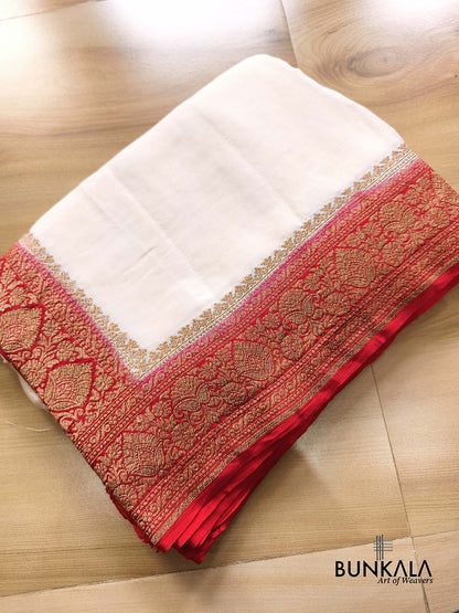 Ivory with Red Contrast Plain Banarasi Georgette Saree