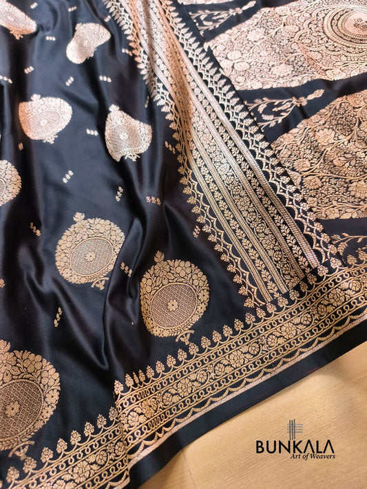 Jet Black Buta Banarasi Mashru Soft Silk Saree with Paisley Pallu 