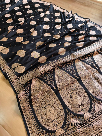 Jet Black Buta Banarasi Mashru Soft Silk Saree with Paisley Pallu 