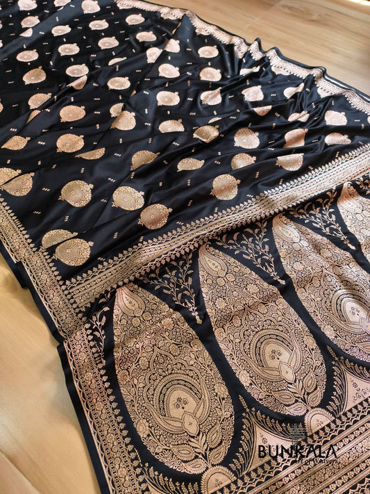 Jet Black Buta Banarasi Mashru Soft Silk Saree with Paisley Pallu 