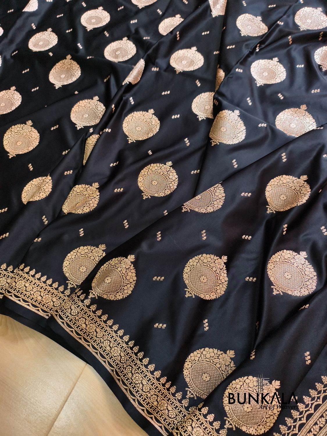 Jet Black Buta Banarasi Mashru Soft Silk Saree with Paisley Pallu 