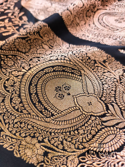 Jet Black Plain Banarasi Mashru Soft Silk Saree with Paisley Pallu 