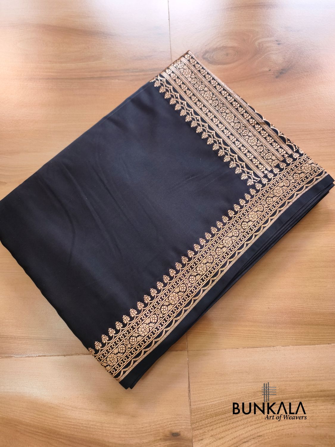 Jet Black Plain Banarasi Mashru Soft Silk Saree with Paisley Pallu 