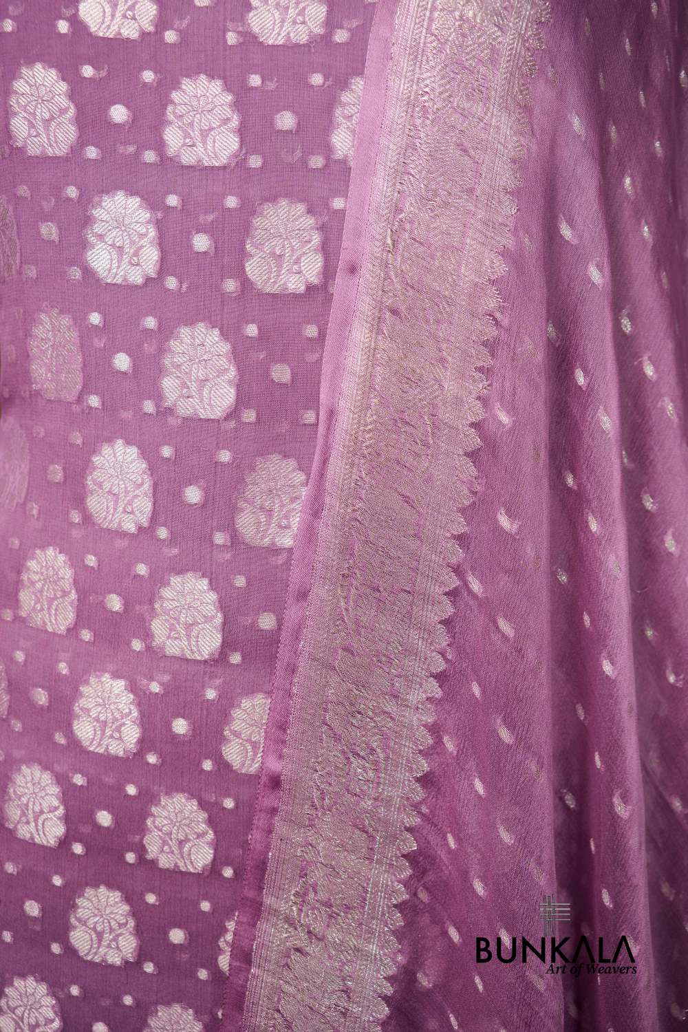 Lavender Buta Banarasi Pure Chiffon Silk Unstitched Suit Set