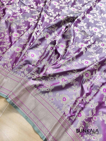 Lavender Meena Floral Jaal Weaved Banarasi Mashru Silk Saree