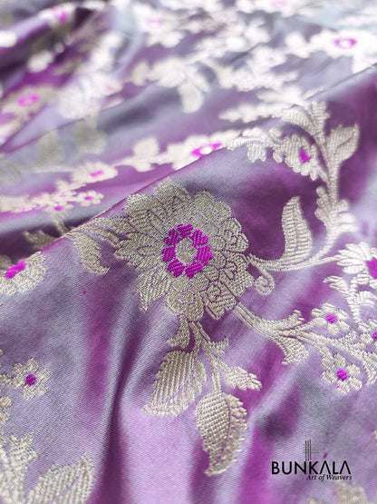Lavender Meena Floral Jaal Weaved Banarasi Mashru Silk Saree