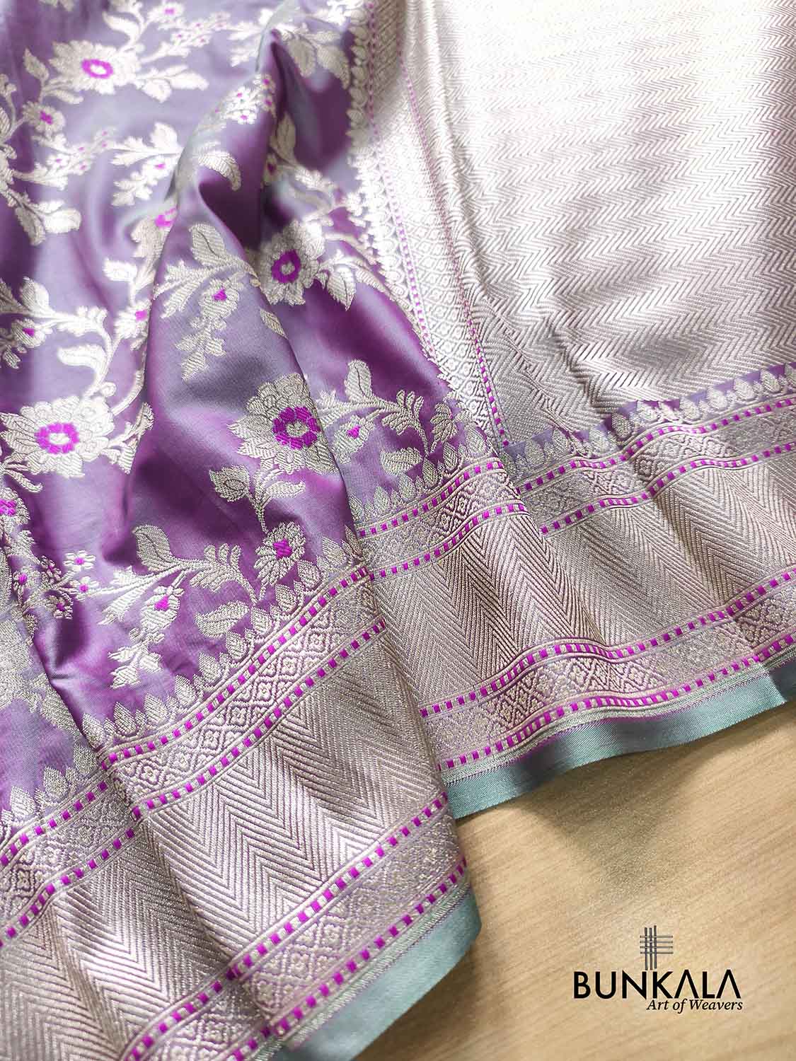 Lavender Meena Floral Jaal Weaved Banarasi Mashru Silk Saree
