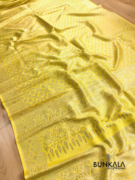 Lemon Yellow Brocade Weaved Banarasi Mashru Silk Saree 