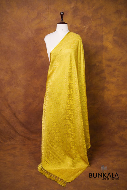 Lemon Yellow Daimond Jaal Brocade Resham Weaved Banarasi Mashru Silk Dupatta 