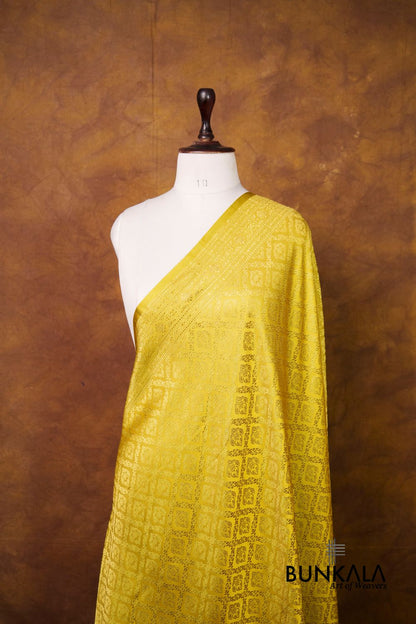 Lemon Yellow Daimond Jaal Brocade Resham Weaved Banarasi Mashru Silk Dupatta 