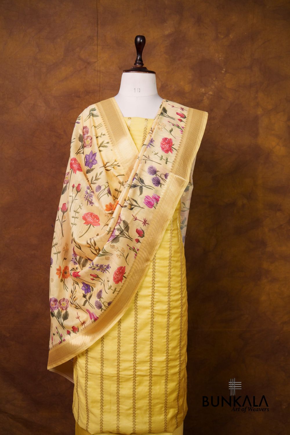 Lemon Yellow Stripe Banarasi Pure Cotton Silk Unstitched Suit Set 
