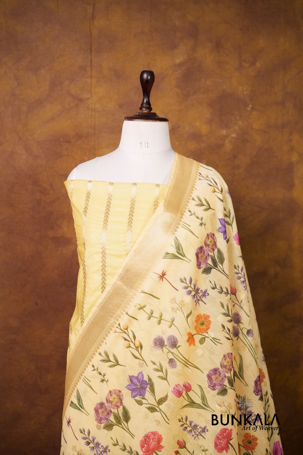 Lemon Yellow Stripe Banarasi Pure Cotton Silk Unstitched Suit Set 