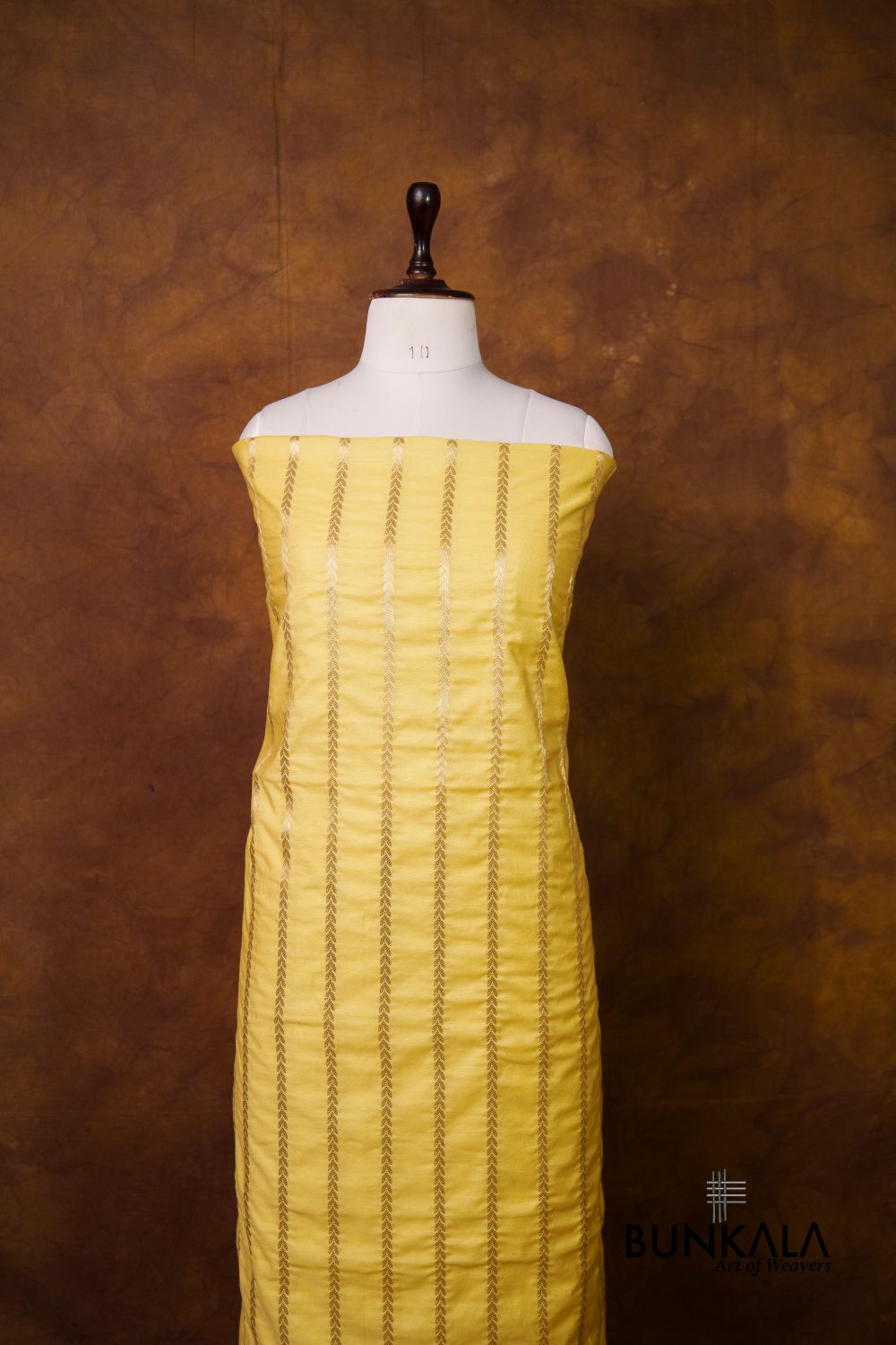 Lemon Yellow Stripe Banarasi Pure Cotton Silk Unstitched Suit Set 