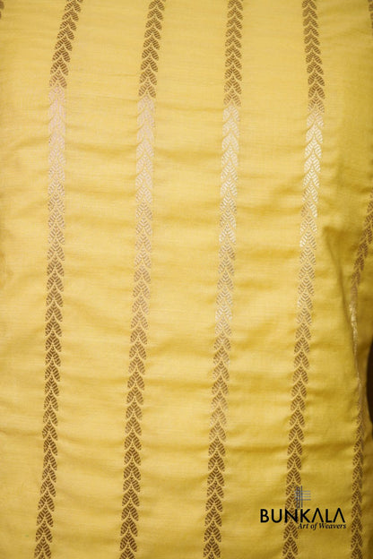Lemon Yellow Stripe Banarasi Pure Cotton Silk Unstitched Suit Set 