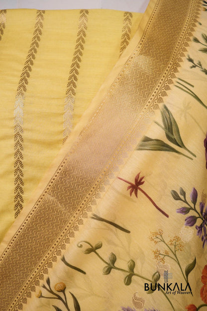 Lemon Yellow Stripe Banarasi Pure Cotton Silk Unstitched Suit Set 