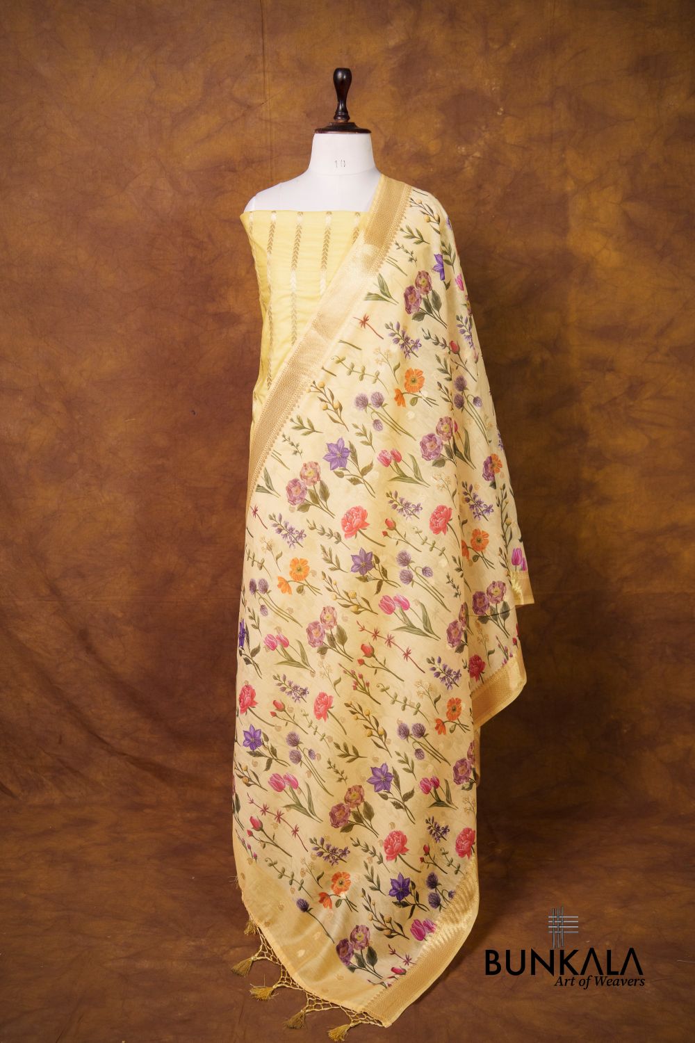 Lemon Yellow Stripe Banarasi Pure Cotton Silk Unstitched Suit Set 
