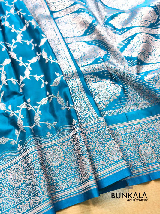 Light Blue Floral Jaal Banarasi Mashru Silk Saree 