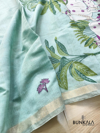 Light Blue Pichwai Pallu Weaved Banarasi Cotton Saree