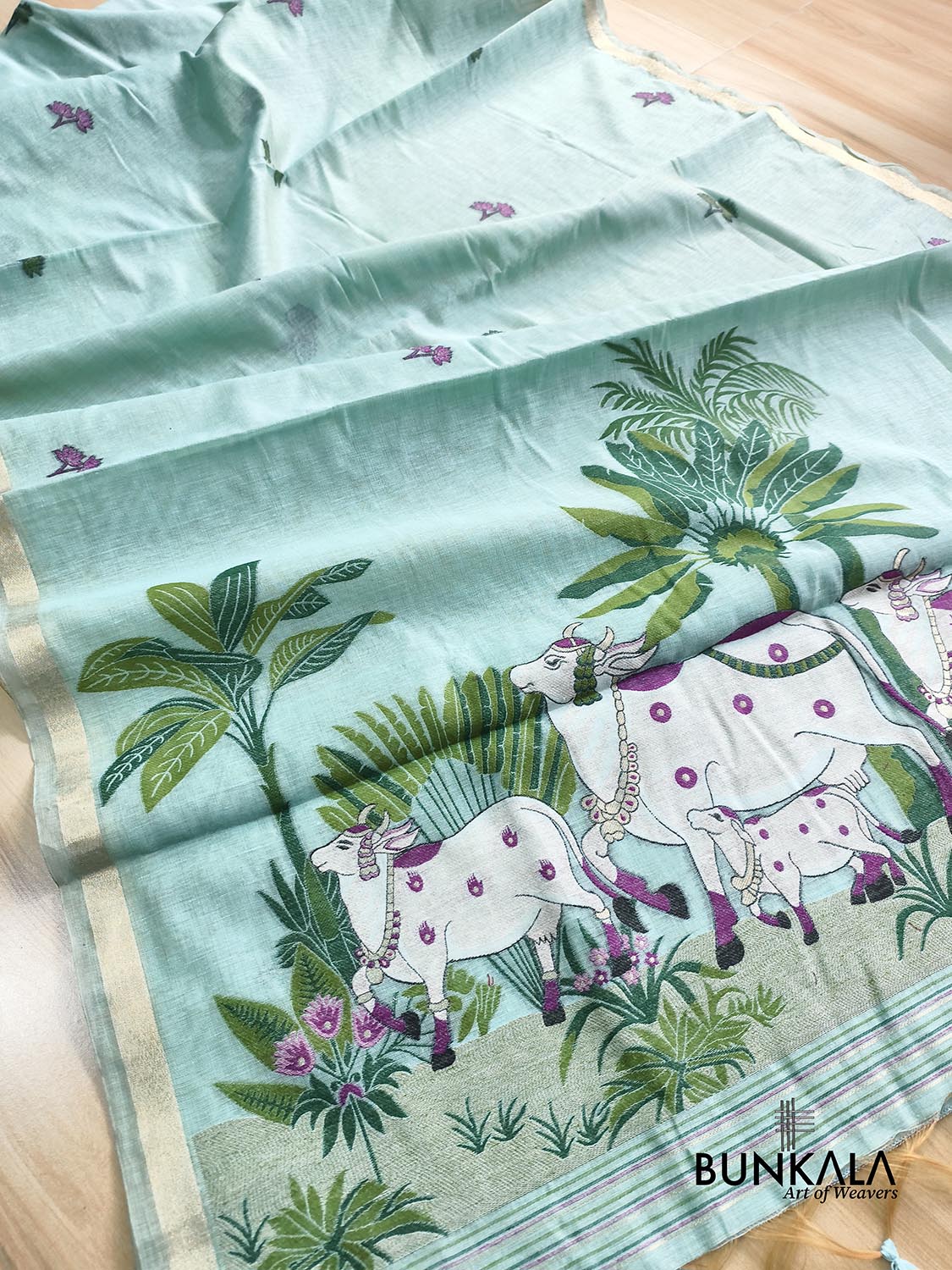 Light Blue Pichwai Pallu Weaved Banarasi Cotton Saree