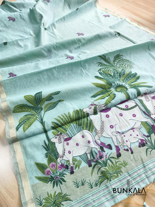 Light Blue Pichwai Pallu Weaved Banarasi Cotton Saree