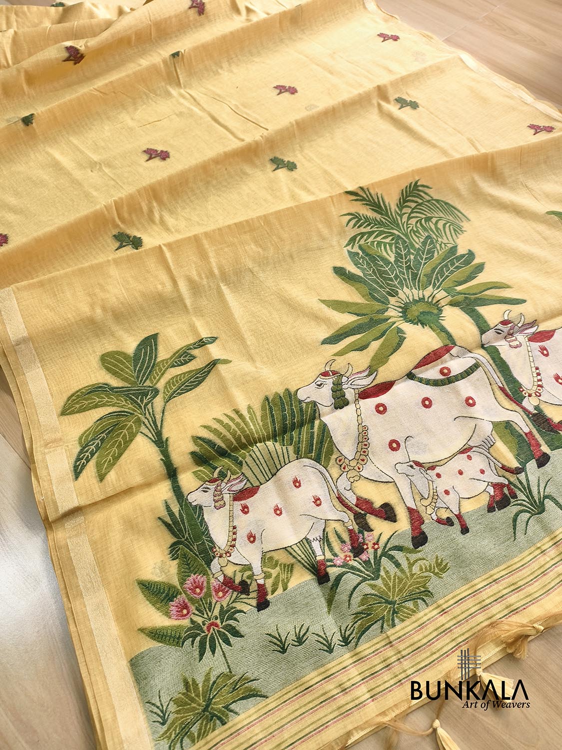 Light Yellow Pichwai Pallu Weaved Banarasi Cotton Saree