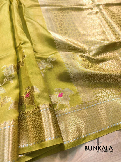 Lime Yellow Meena Floral Pure Banarasi Mango Silk Saree 