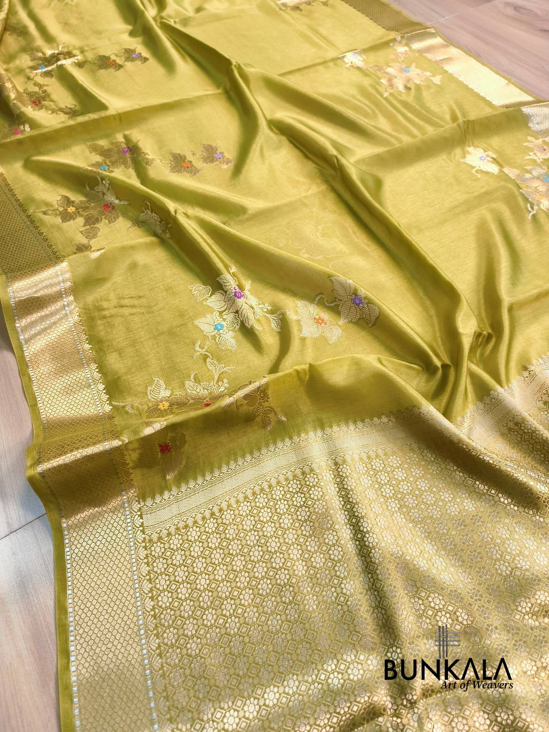 Lime Yellow Meena Floral Pure Banarasi Mango Silk Saree 