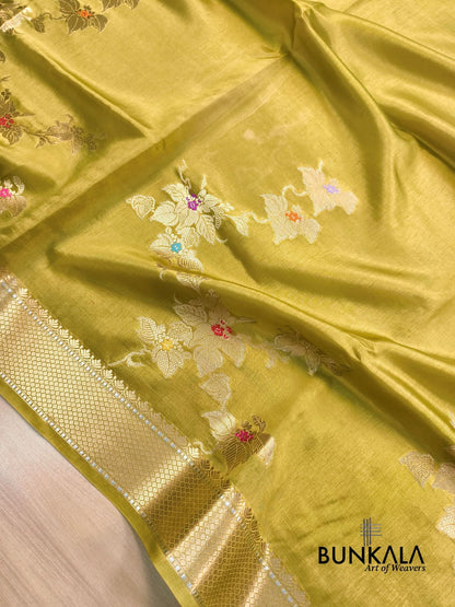 Lime Yellow Meena Floral Pure Banarasi Mango Silk Saree 